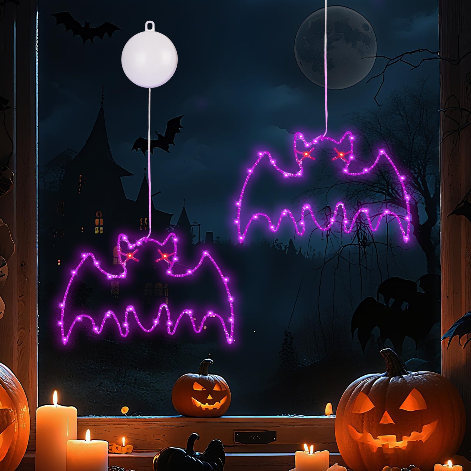 Halloween Deko Fenster Licht, 2 Stück LED Lichterkette Fledermaus Fensterlichter mit Saugnapf, Timer-Funktion & Batteriebetrieben, Halloween deko Für Innen & Draußen, Zuhause Party (E)