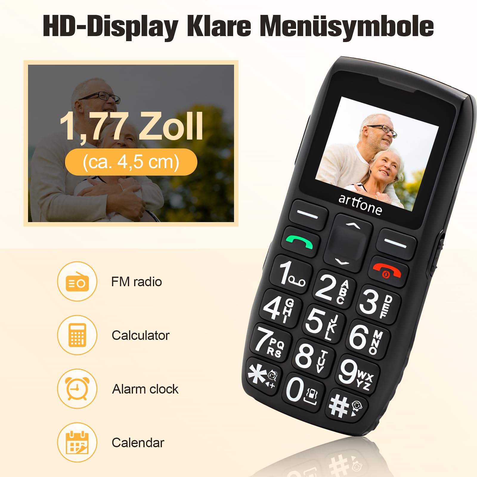 artfone 4G seniorenhandy ohne vertrag, Handy für senioren, Taschenlampe, Großer Lautstärkeregler, SIM mit Notruftaste, USB-C, 1800 mAh Akku & 1,77 Zoll Display