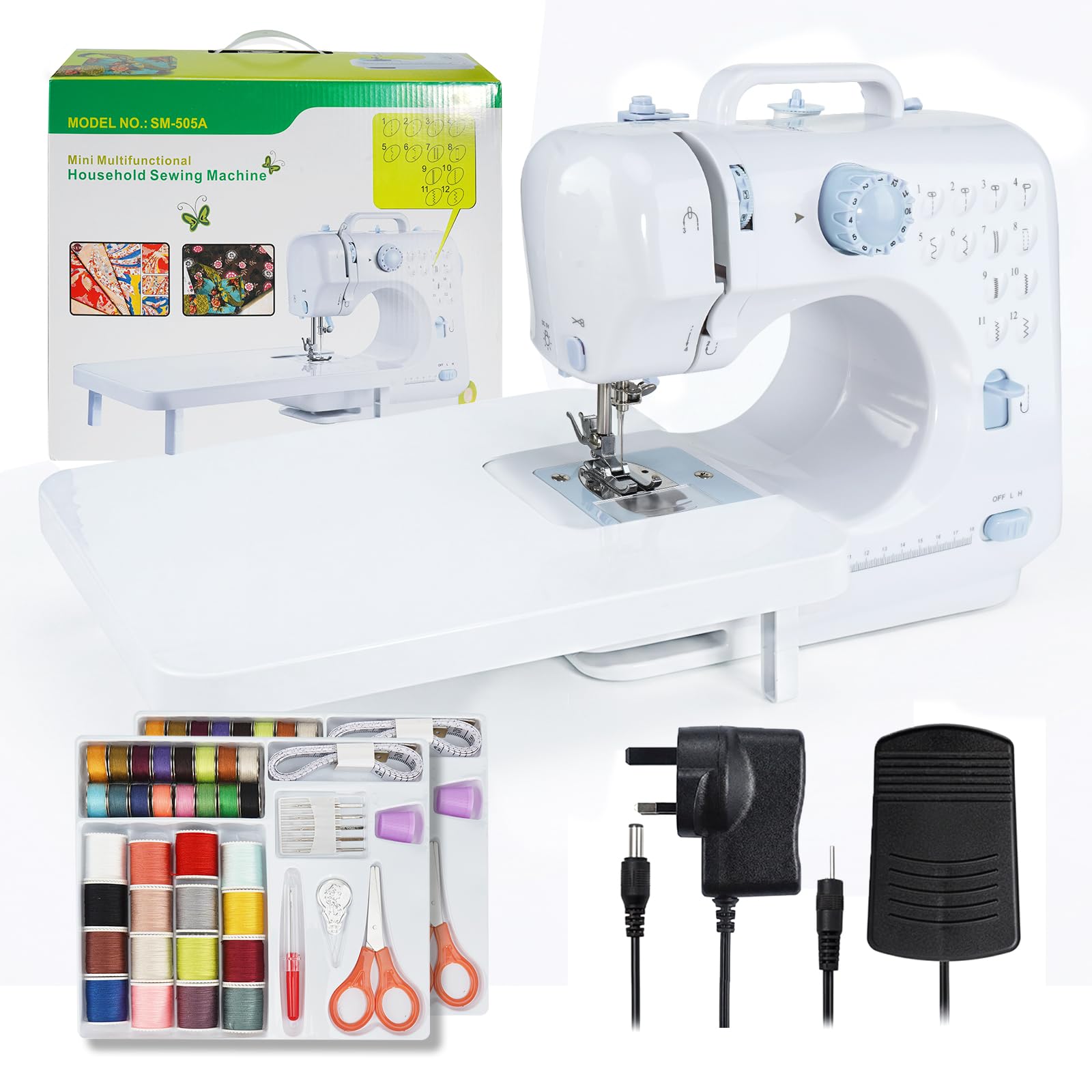 Máquina de coser 505 para principiantes: 12 puntadas integradas con mesa de expansión, pedal de pie y kit completo de accesorios, máquina de coser doméstica resistente para adultos y niños