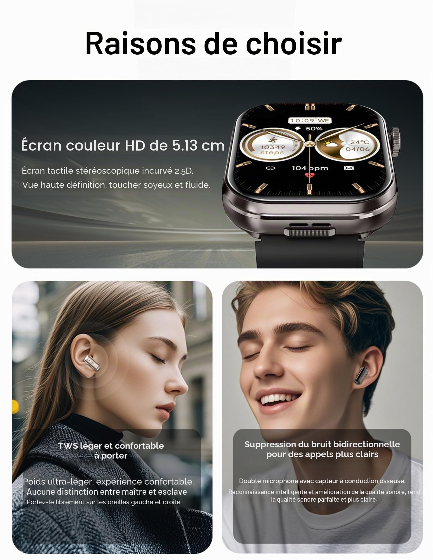 AIEK Smartwatch pour Femmes et Hommes, Oreillette Bluetooth, Appel Bluetooth, Fréquence Cardiaque, Pression artérielle, Montre Fitness Tracker pour iOS Android, Grand écran 2.02" (Noir)
