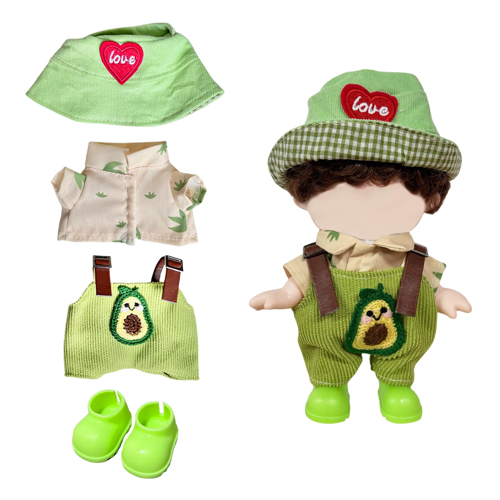 Mrltau 3 PCS Cute Avocado Style Doll Clothes Set for 15/17 cm Vinyl Plush Doll, Corduroy Overalls, Leaf Print Shirt