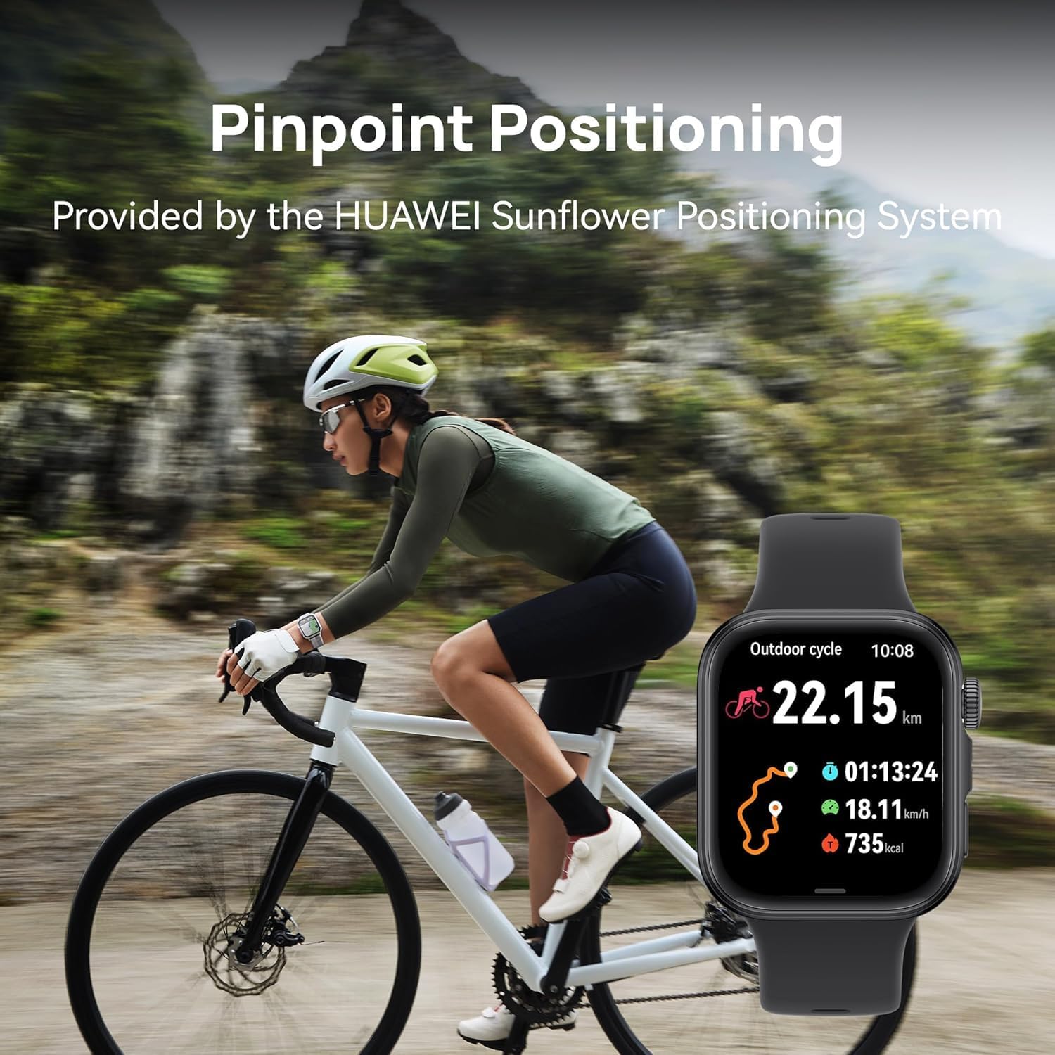 HUAWEI WATCH FIT 4 Smart Watch displaying cycling activity data, worn by a person on a bicycle.