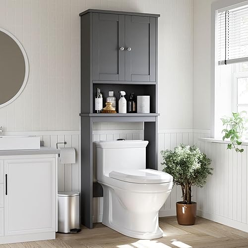 Miniatura 7 de Shintenchi - Gabinete de almacenamiento para baño, organizador de estantes anticaída para colocar sobre el inodoro, con estantes ajustables y barra