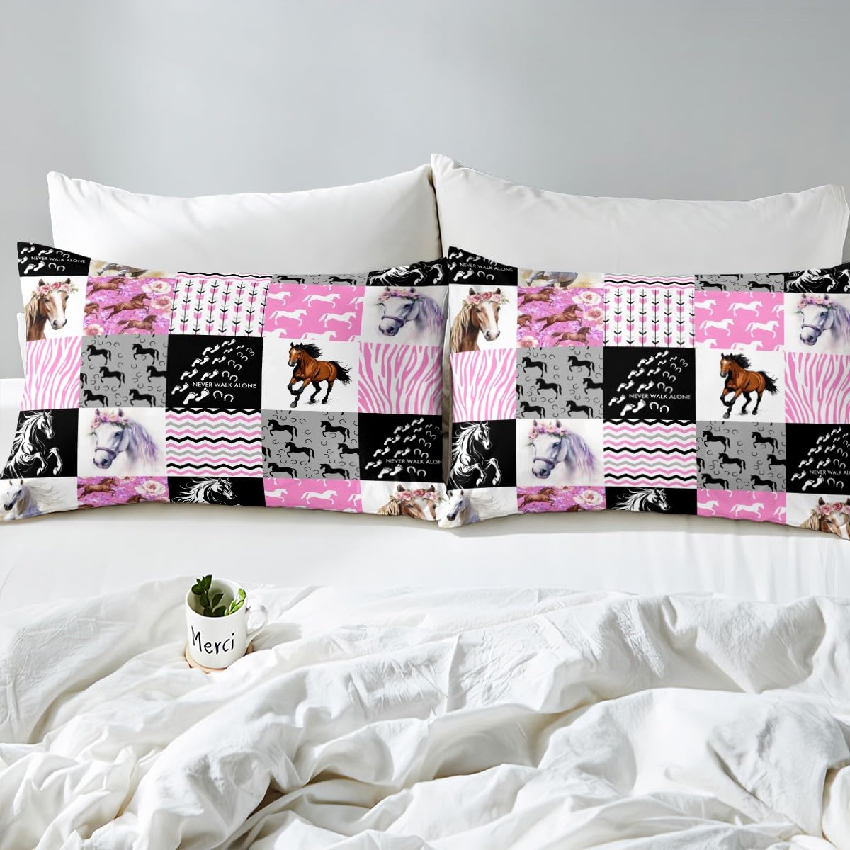 Housse de Couette 3D Cheval Brun Cheval Noir Microfibre avce 2 taies d'oreillers Fermeture