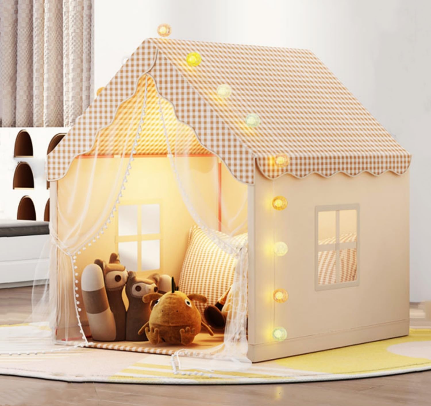 Benebomo Tent, Indoor Playhouse with Gingham Pattern, Beige and Brown, Windows and Curtains,Play Tent, Khaki - Image 2