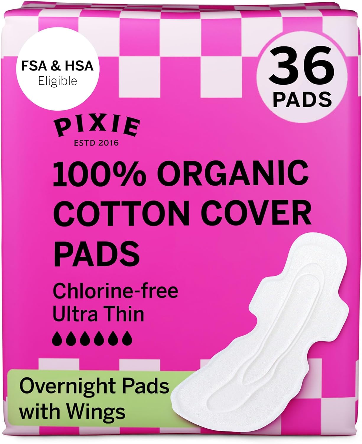 Pixie Organic Cotton Ultra Thin Overnight Pads for Women – Extra Heavy Absorbency with Wings – Leak-Proof, Hypoallergenic & Unscented – Compostable, Biodegradable – FSA Eligible – 36 Count