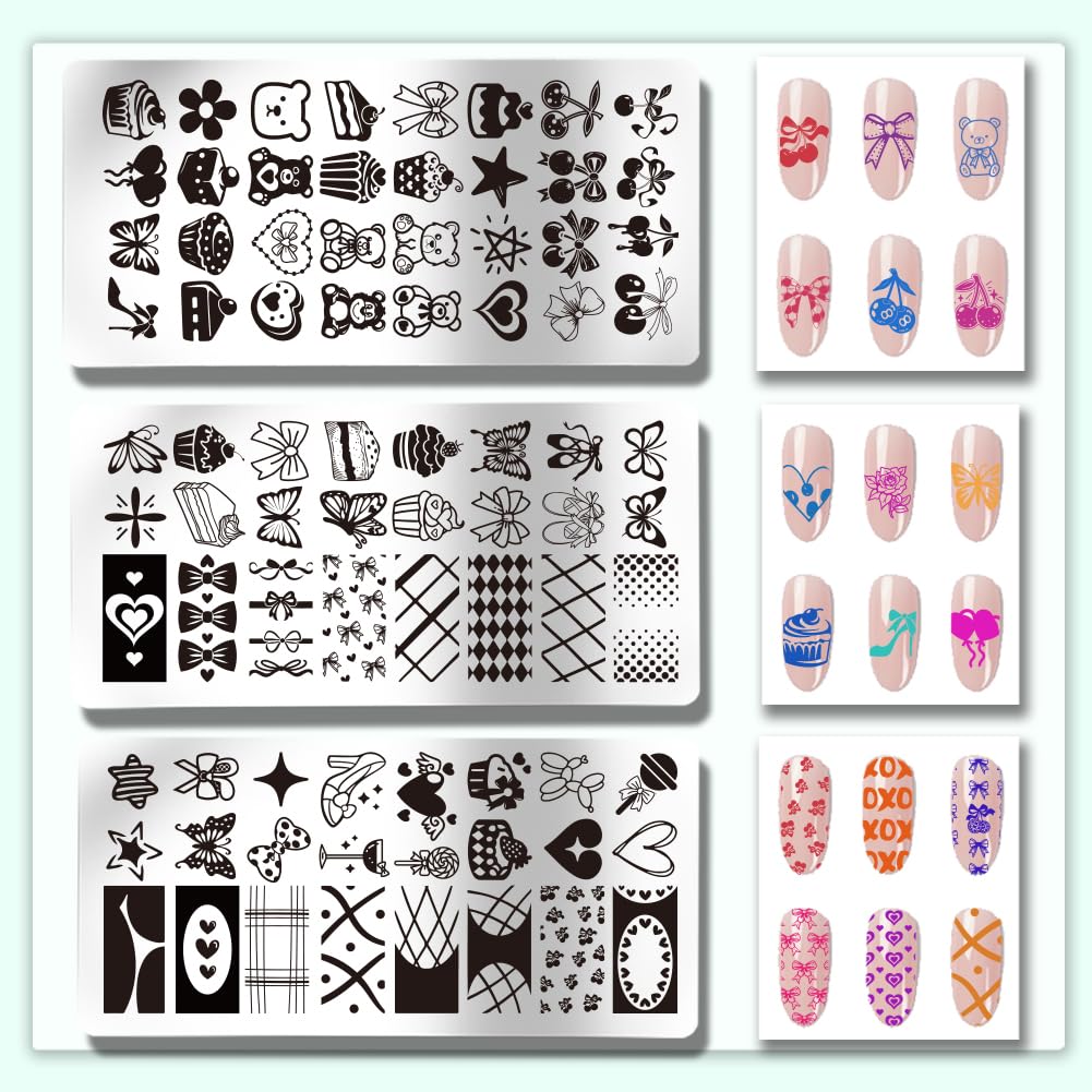 PH PandaHall 6pcs Bows Hearts Nail Stamping Plates Cute Bears Nails Art Stencils Cakes Nail Art Templates Butterfly Print Nails Stencils Cherry Nail Image Plates for Valentine's Day Manicure Salon - Image 3