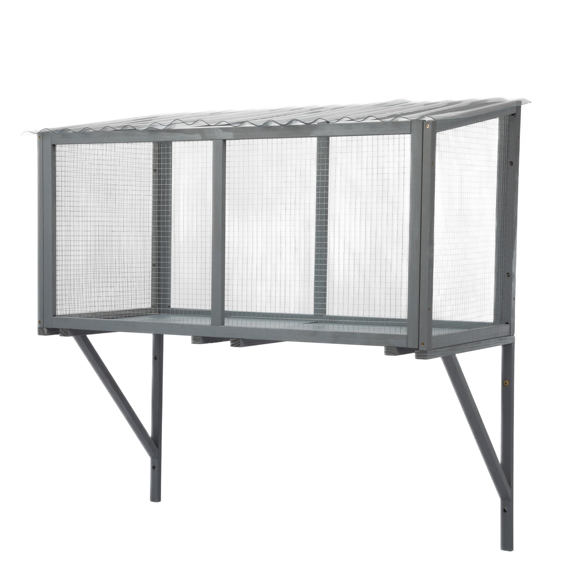 Catio - Finestra per gatti da esterni, in legno, resistente alle intemperie, con rete metallica zincata e tetto in PVC, grande piattaforma di osservazione per gatti, stabile a parete (grigio scuro)