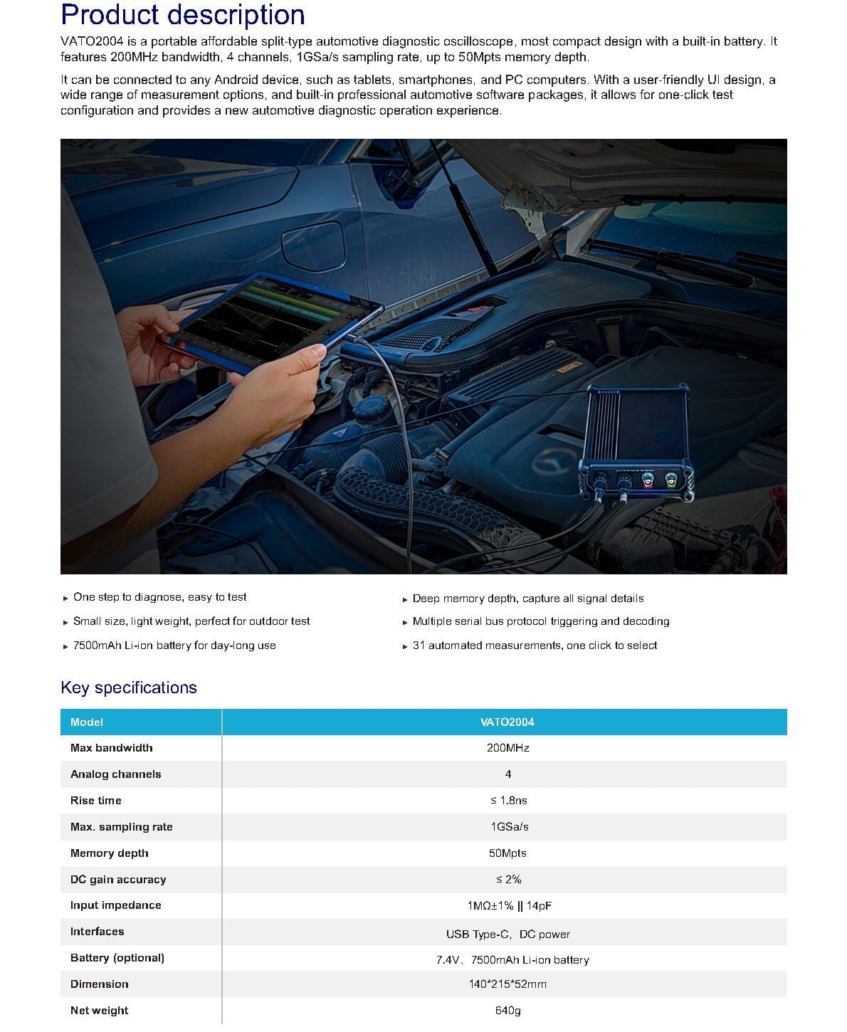Micsig Oscilloscope VATO2004, Virtual Automotive Diagnostic Oscilloscope 4 Channels Automotive Tablet Oscilloscope Digital Handheld with 200Mhz Bandwidth 1GSa/s Sampling Rate 50Mpts Memory (VATO2004)