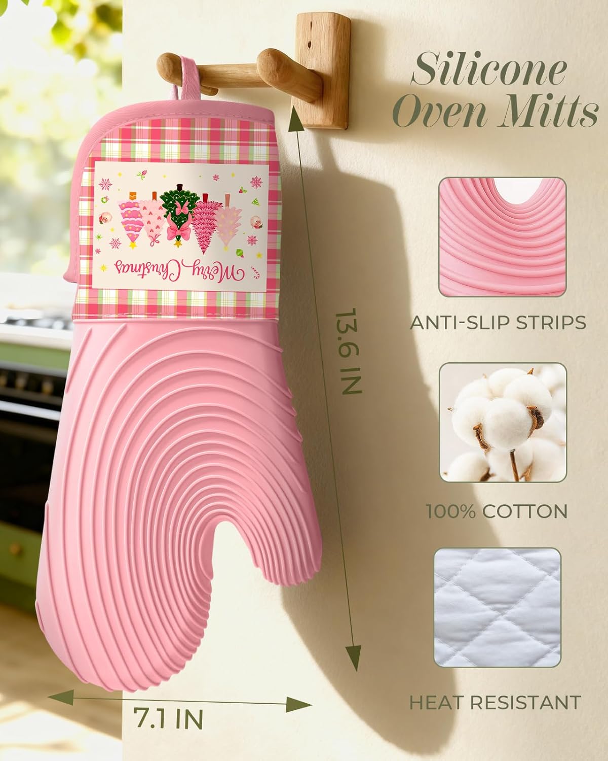 Slohif Long Silicone Oven Mitts Heat Resistant for Women - 2 Pcs Christmas 100% Cotton Oven Gloves, Non-Slip and Waterproof Silicone Oven Mitts with Hanger for Baking and Cooking - Image 2