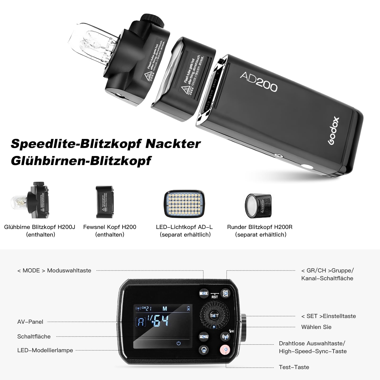 GODOX AD200Pro II Flash de cámara AD200 Pro II 500 Flash de Potencia Completa 2.4G TTL 200W Flashes de Bolsillo HSS 1/8000s LED luz de Modelado con BD-07II Barn Door Honeycomb、AD-E2 Soporte