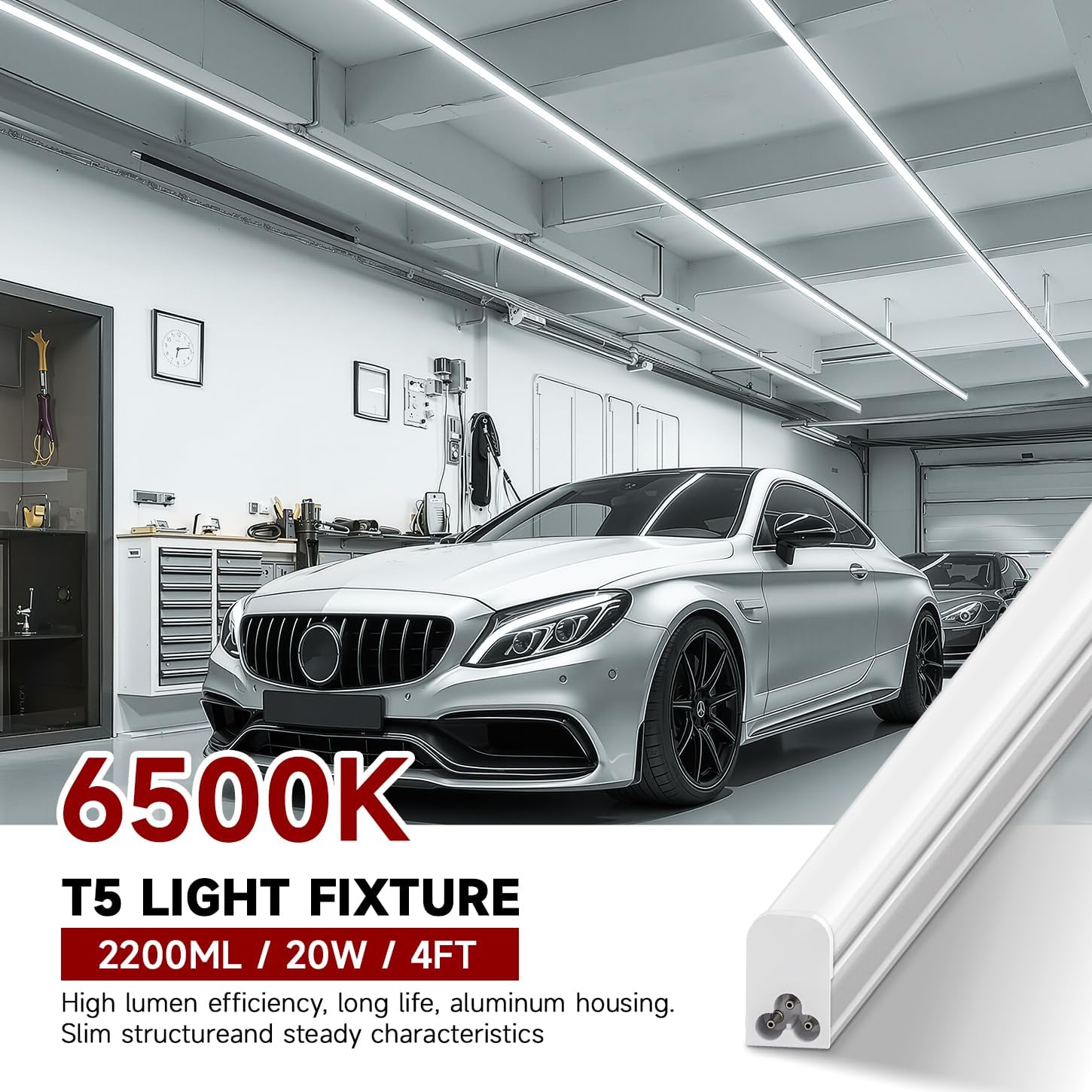 4 Pack T5 LED Shop Light, 4FT, 20W, 6500K 2200LM, Linkable Utility Fixture for Under Cabinet, Kitchen, Garage, Basement, Workshop Lighting, Easy Installation, Plug & Play