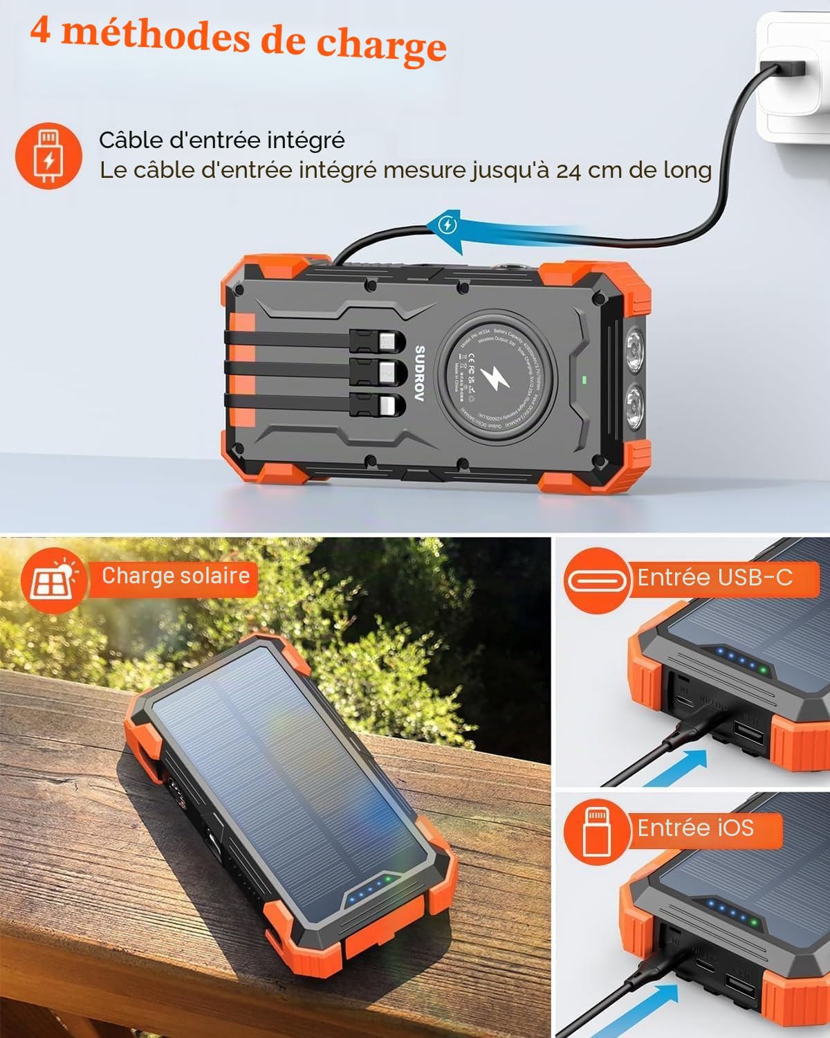 Power Bank Solaire 26800mAh - Chargeur Portable avec 4 Câbles Intégrés, USB-C Rapide, Charge sans Fil, LED Torche, pour Téléphones, Tablettes & Camping