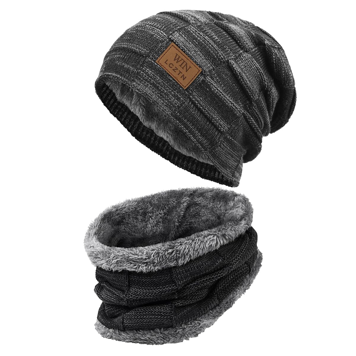 Mens Winter Beanie Hat Scarf Set Warm Fleece Lined Knit Ski Hats Slouchy Skull for Unisex Gift