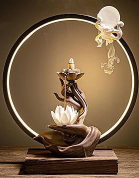 Ceramic Lotus Incense Burner Waterfall Chinese Backflow Incense Sticks Burner Holder with LED Light Incense Cones for Home Office Decor White Lotus