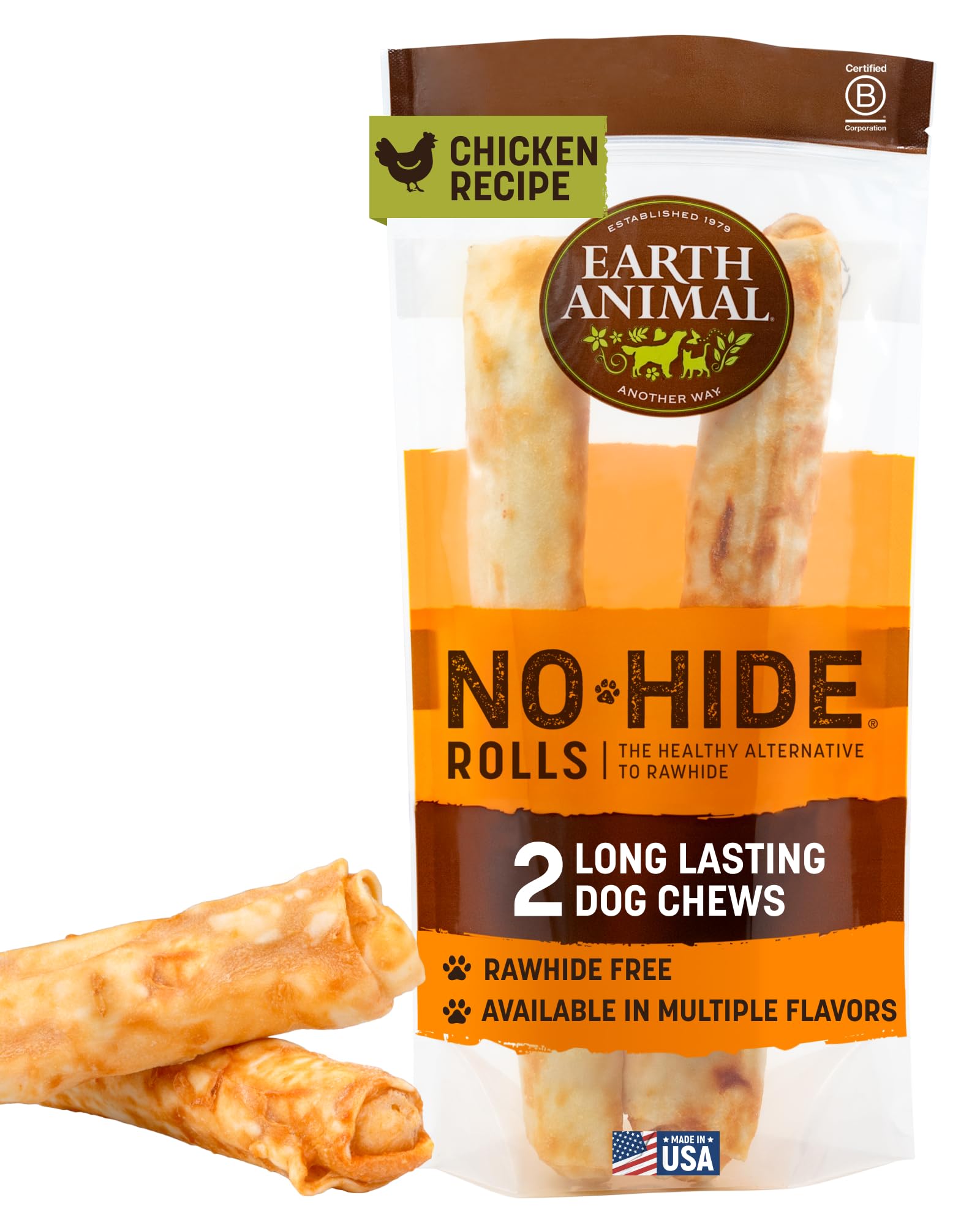 Earth Animal No Hide Chews - Long Lasting Rawhide Free Large Dog Chews Rolls, Chicken - 2 Count