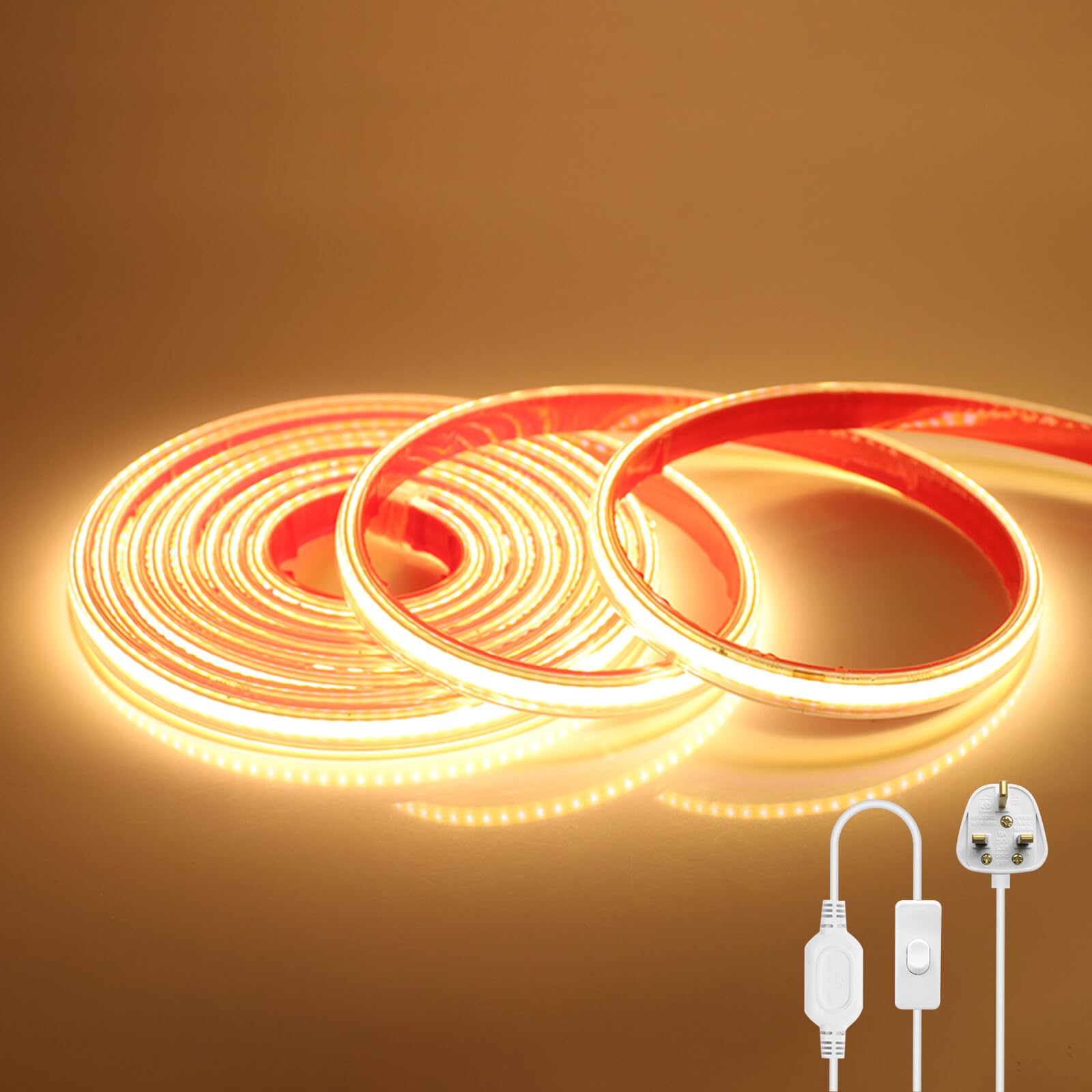 KAFULA 220V COB LED Light Strip with On/Off [13M, Warm White 3000-3500K],IP65 Waterproof Flexible,288 LEDs/m Cuttable FCOB LED Rope Light CRI85+,Double-Sided Tape Adhesive,Home/Store Decoration — image 1