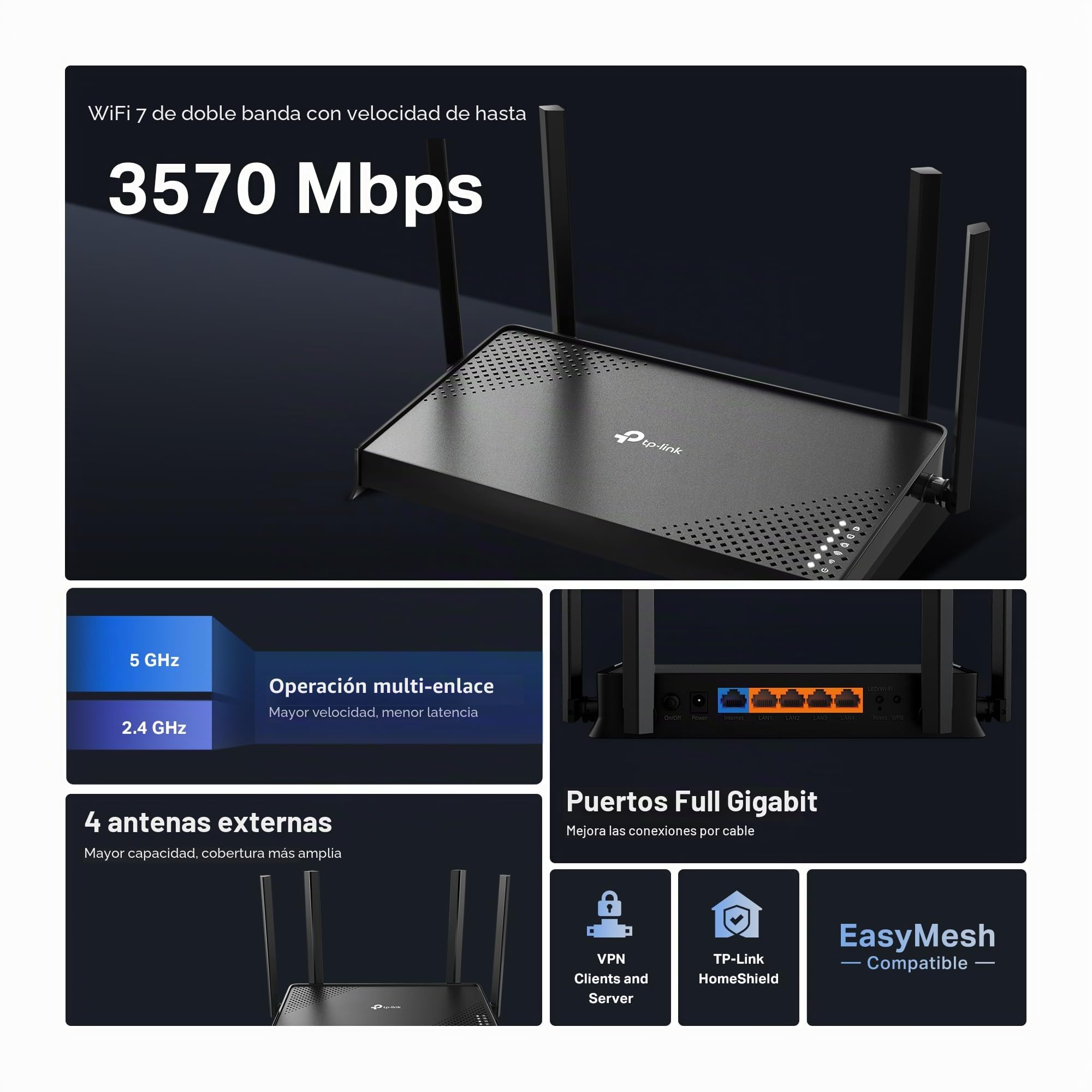 TP-Link Archer BE220 – Router Wi-Fi 7 BE3600 Dual Banda (hasta 3,6 Gbps), 5 Puertos Gigabit, 4 Antenas externas, Beamforming, MU-MIMO, OFDMA, EasyMesh, HomeShield, Ideal hogar y Gaming