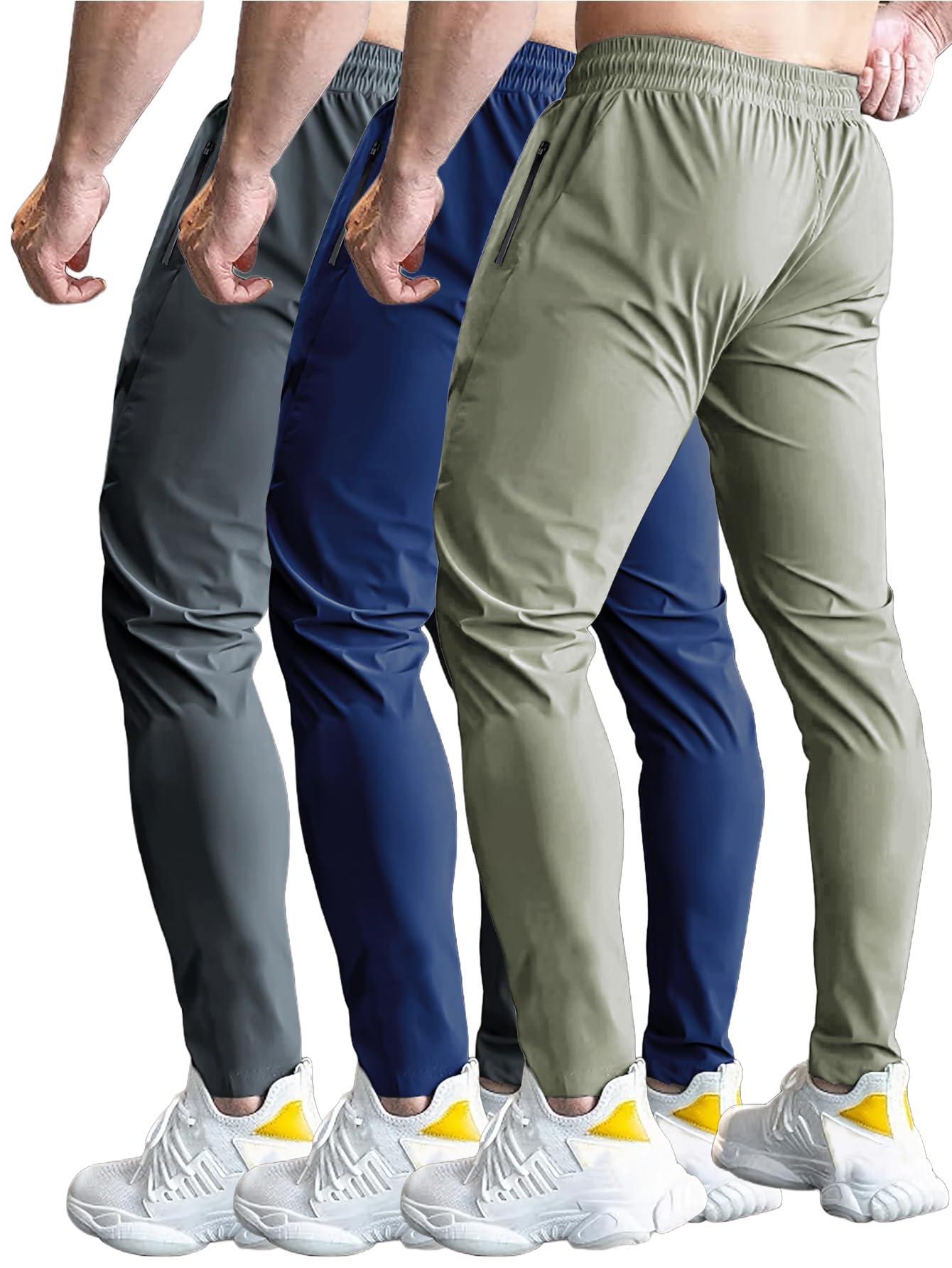 Hidkat Lot de 3 pantalons de jogging à séchage rapide pour homme pour la course et l'entraînement à la salle de sport - Pantalon de jogging léger et extensible avec poches zippées
