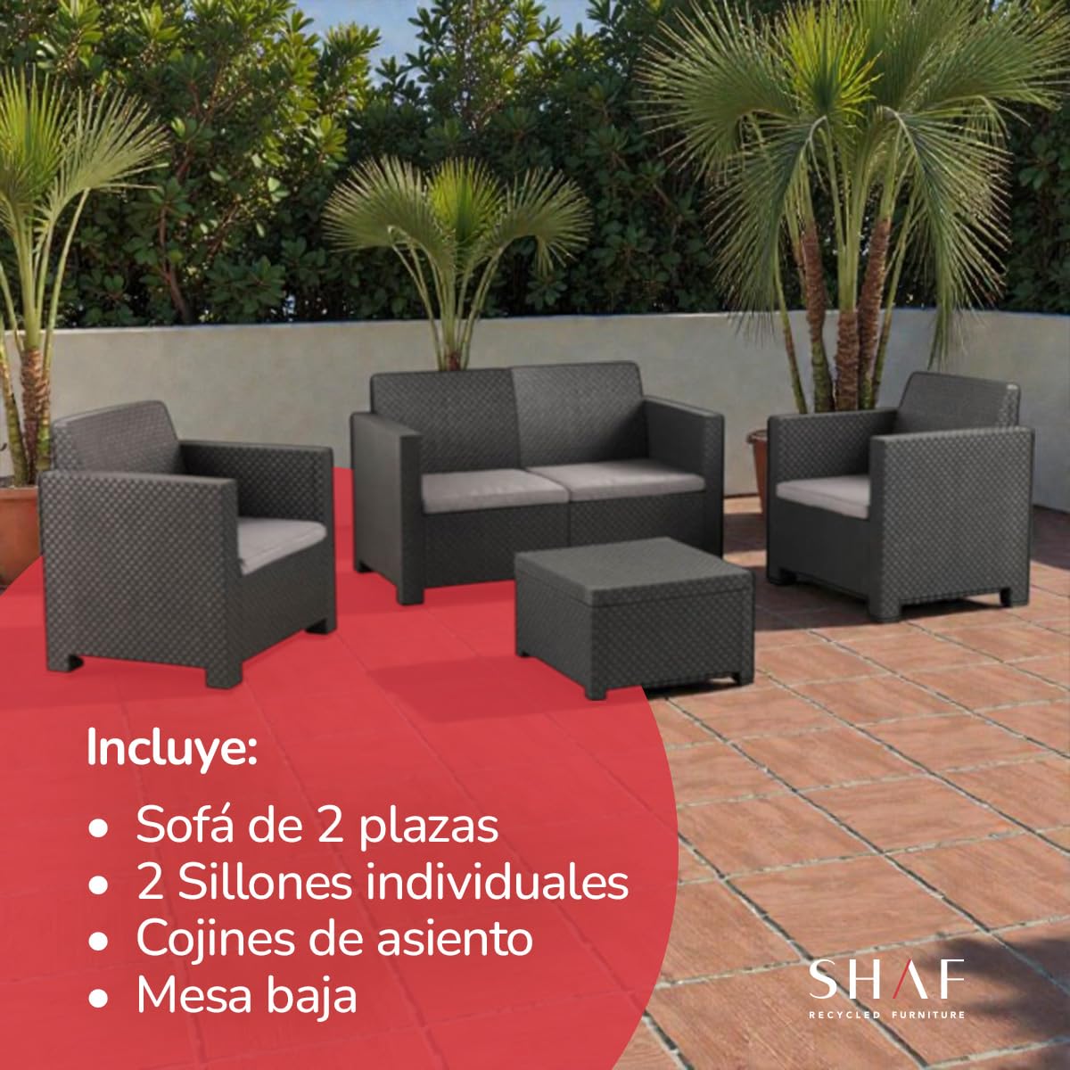 SP Berner SHAF - Conjunto Jardín Exterior y Terraza - Sofá de 2 plazas, 2 Sillones, Mesa Baja y Cojines Asiento - Plástico Reciclado - Set EVO Confort - Grafito