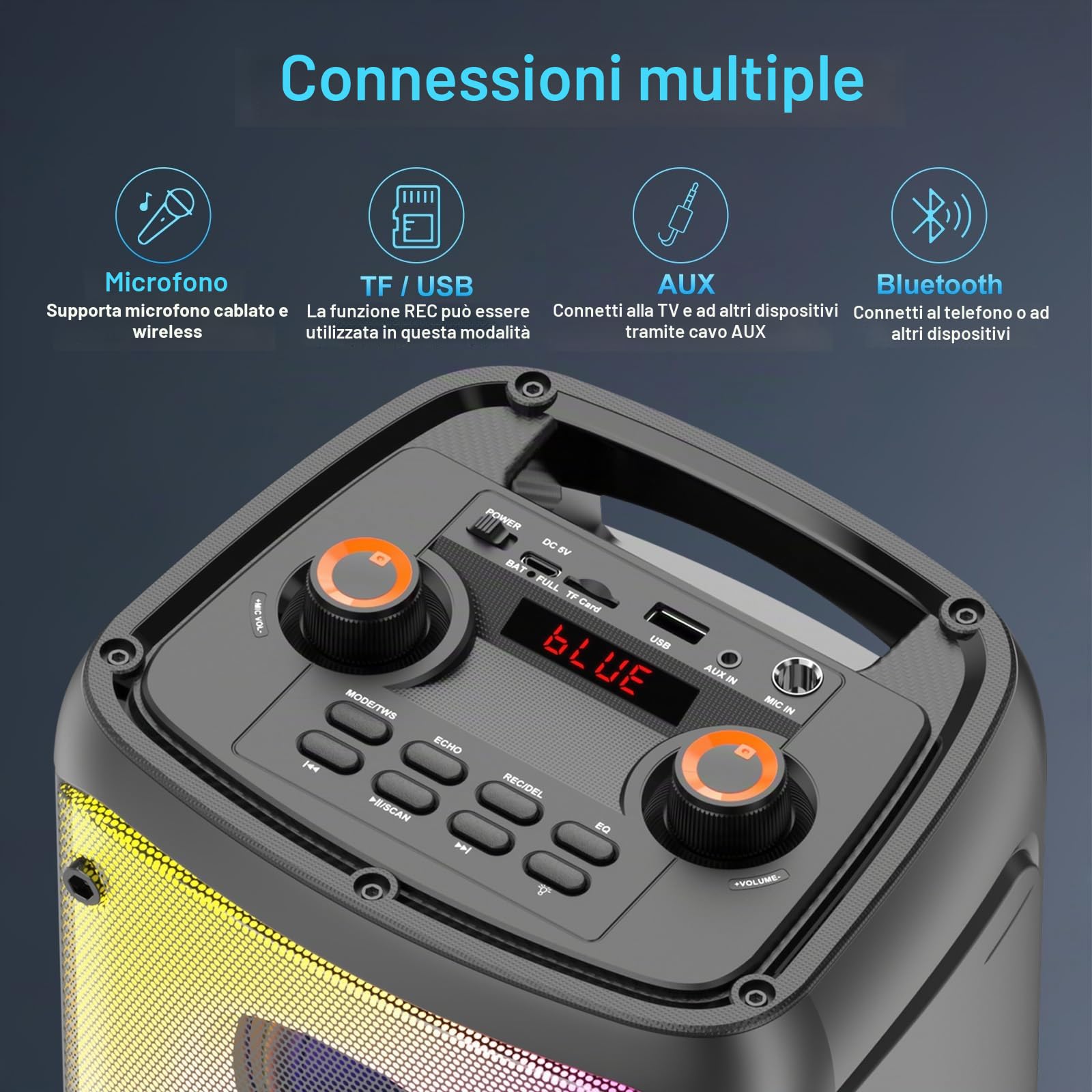Altoparlante Bluetooth, 80 W, wireless, TWS, portatile, per feste all'aperto, con subwoofer, bassi profondi, luci LED colorate, suono stereo forte con microfono per casa, campeggio, viaggi