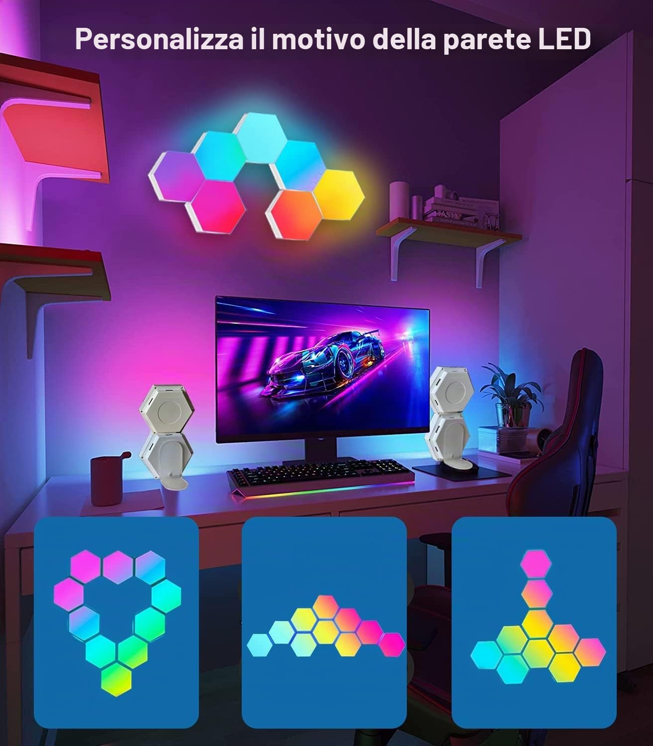 Pannelli LED RGB con Telecomando, Luci Esagonali LED Parete Gaming Pannello Muro Controllo Touch Luce Notturna,Fai da te Geometria Splicing Lampada Esagonale per Stanza da letto/Salotto/Party,7 Pezzi