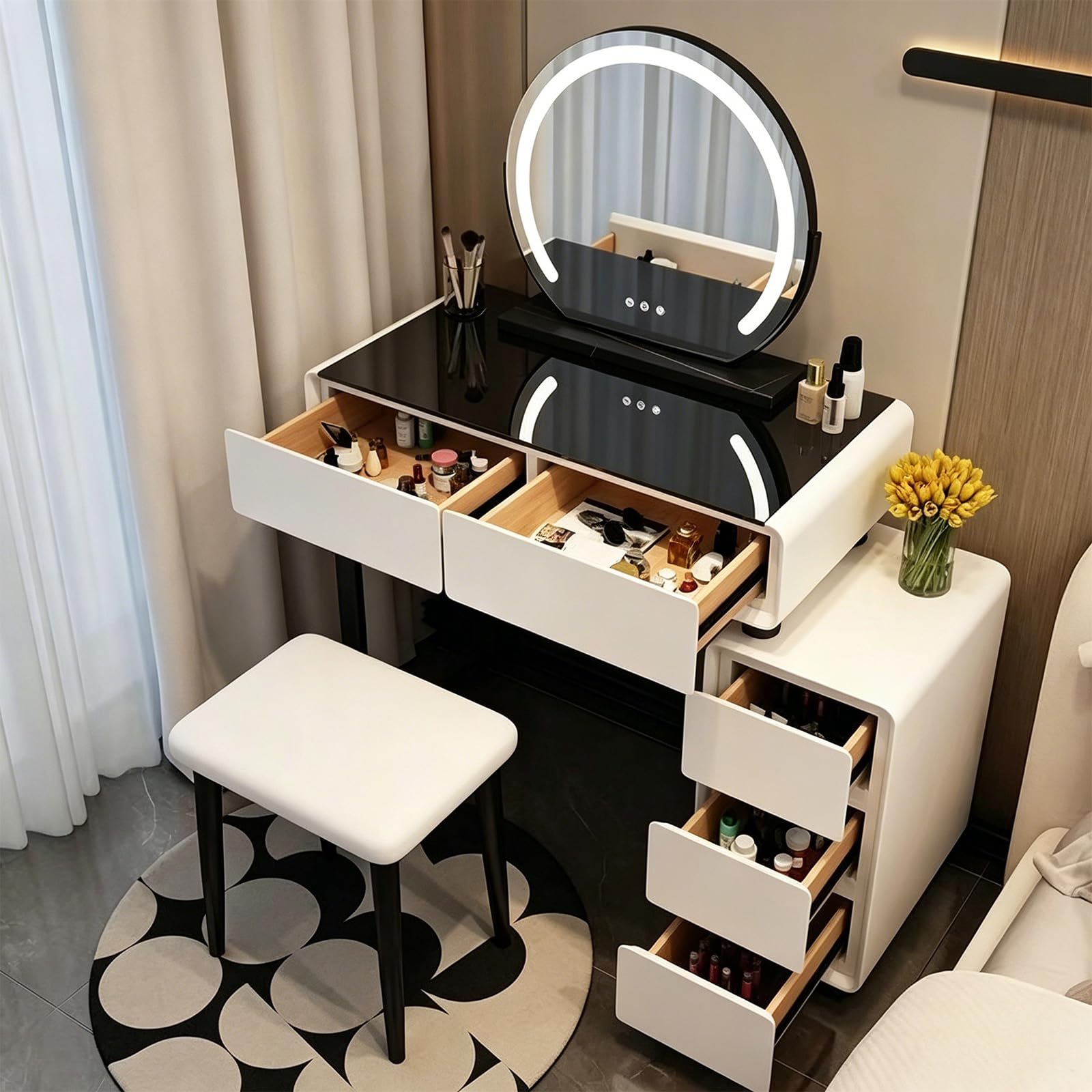 Vanity Desk with Mirror and Drawers, 80cm Compact Dressing Table with Stool, Stain-Resistant Black Glass Desktop & 3-Color LED Lighted Mirror for Small Bedroom, White