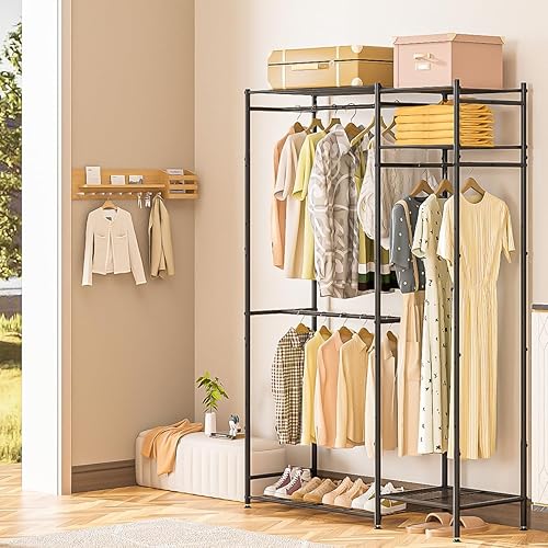 Miniatura 6 de Neprock - Closets portátiles para colgar ropa, estante de ropa independiente con 3 varillas para colgar y 5 estantes, estante de ropa de metal para