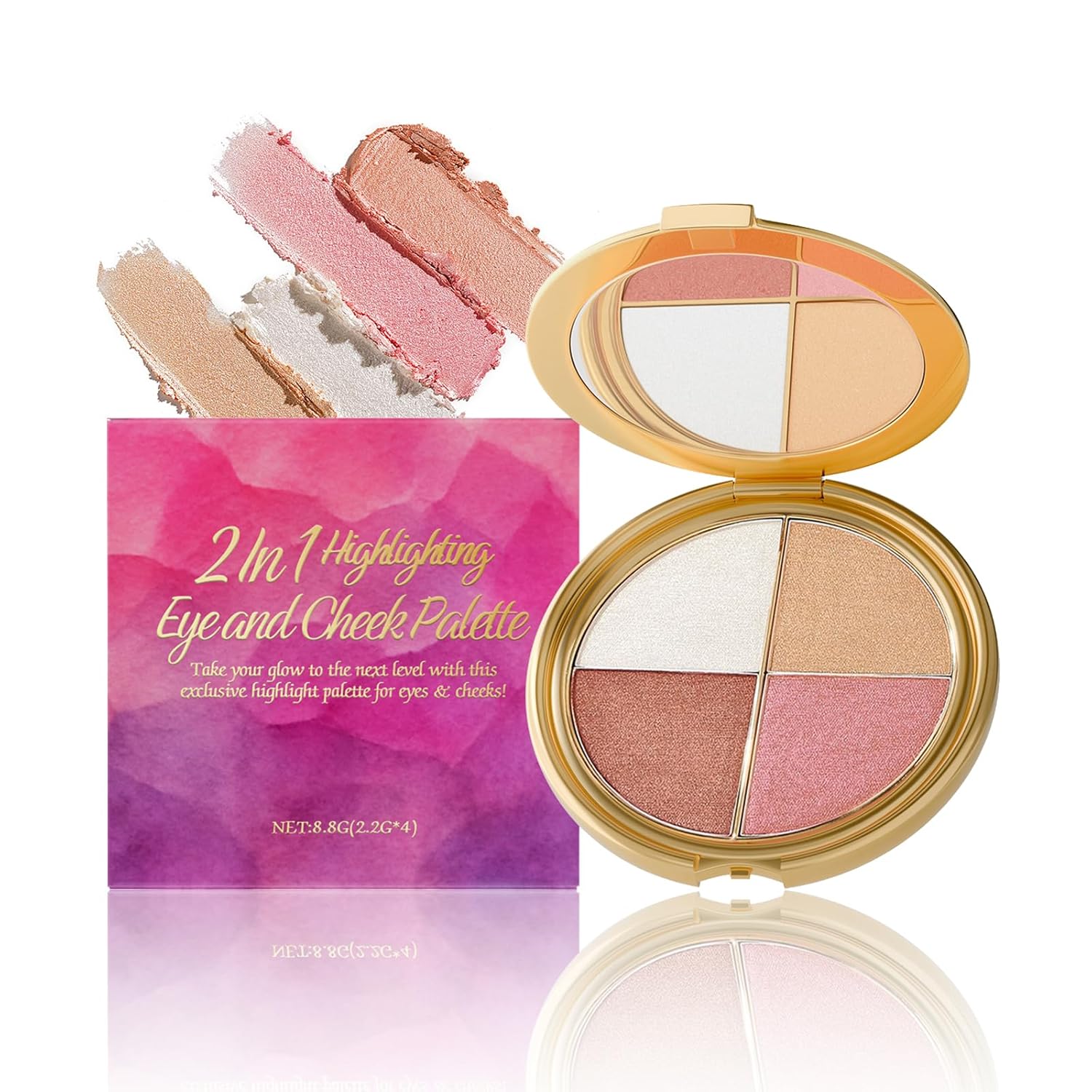 4 Shades Eye & Cheek Palette – 2-in-1 Eyeshadow and Highlighter Makeup Palette, Contour Kit with Matte & Shimmer Shades, Natural Glow Face Highlighter for Women