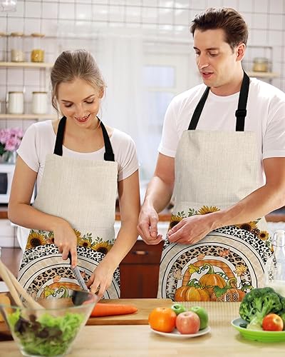 Miniatura 2 de Fall Thanksgiving Bib Aprons with Pockets Waterproof, Adjustable Apron for Men Women Pumpkins Sunflower Botanical Rustic Burlap