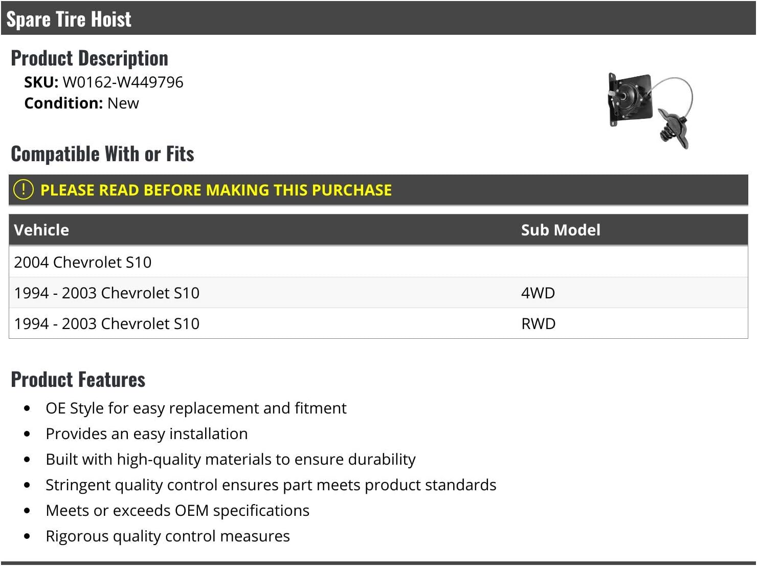 Spare Tire Wheel Hoist Winch - Compatible with 1994-2004 Chevy S10
