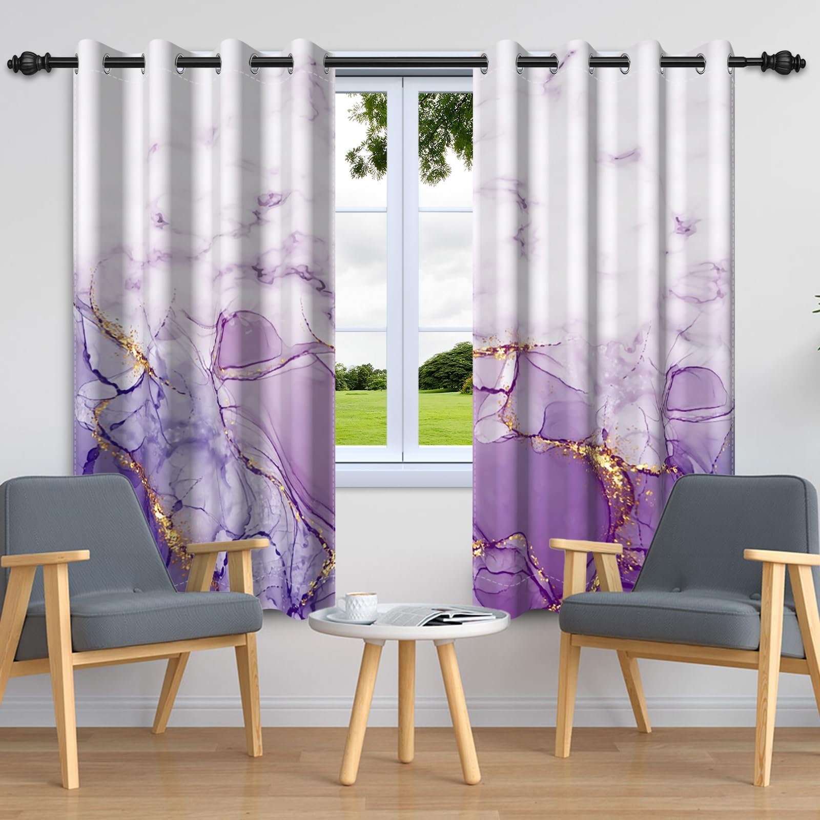 Uiiooazy Marble Blackout Curtains for Bedroom, Purple White Abstract Marble Pattern Curtain for Girls Kids Watercolor Ink Modern Thermal Insulated Grommet Living Room Drapes 42x84 inches 2 Panels Set