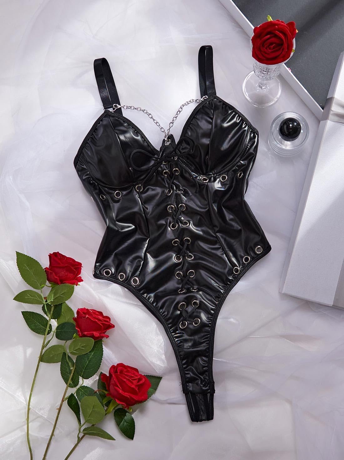 Lingerie for Women Sexy PU Leather Nightshirt Concert Nightout with Chain Leotard Bodysuit
