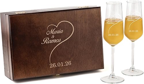 Personalized Champagne Flutes – Custom Engraved Set of 2 Glasses for Wedding Toasts, Engagement Parties, Anniversaries, and Celebrations – Elegant