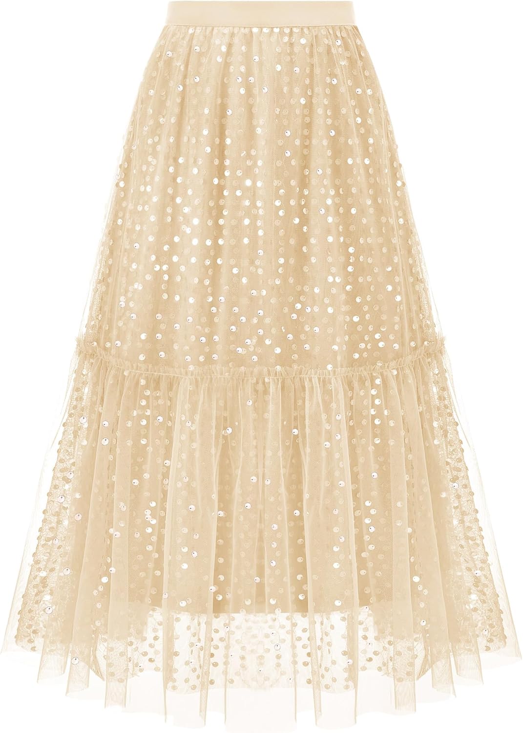 Timormode Sequin Tulle Skirts for Women Sparkly Midi Flowy A-Line Party Skirt Layered Skirts