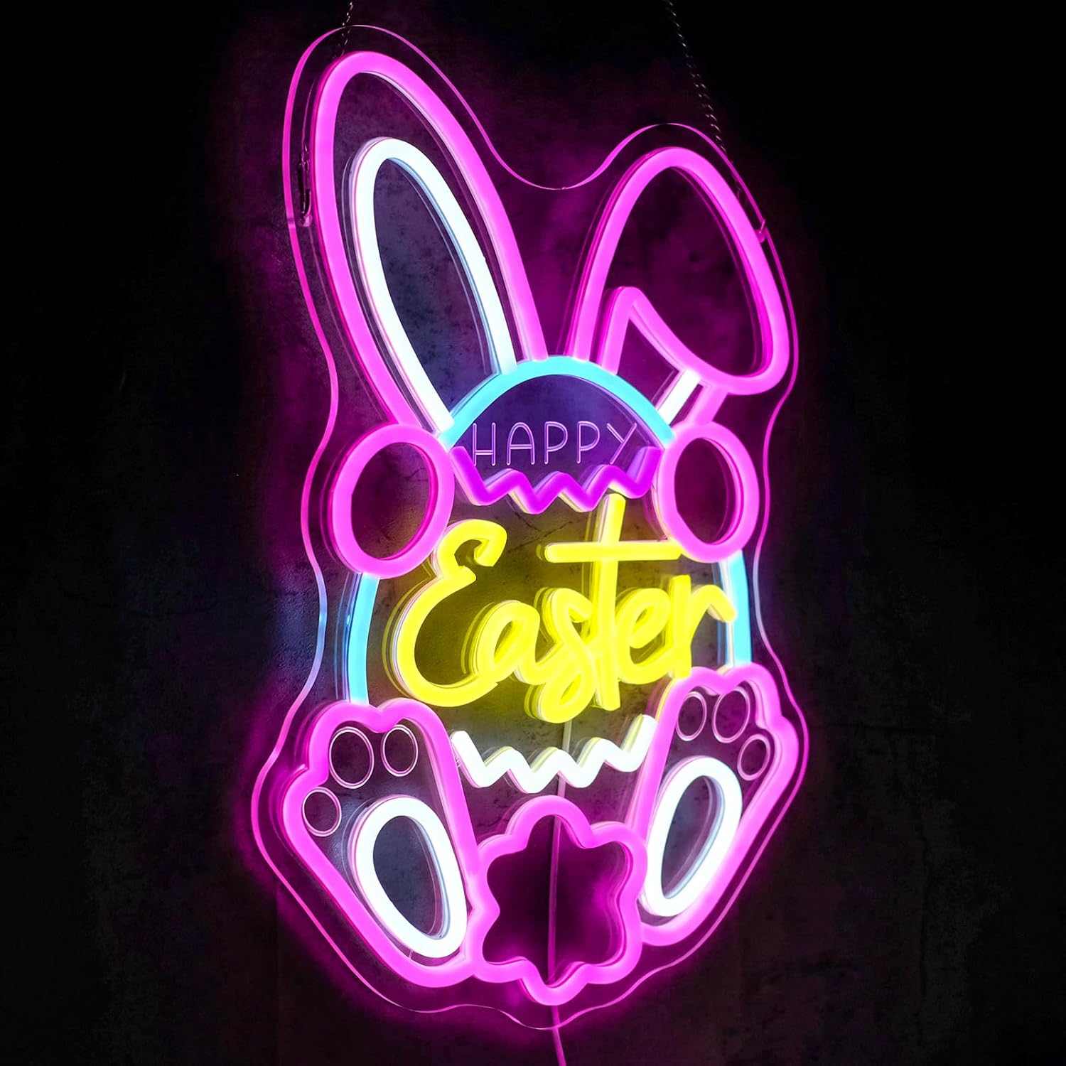 Happy Easter Neon Sign for Wall Decor Dimmable Bunny Egg Led Neon Lights Religious Christian LED Signs for Bedroom Church Home Easter Party Window Decoration Gifts for Kids
