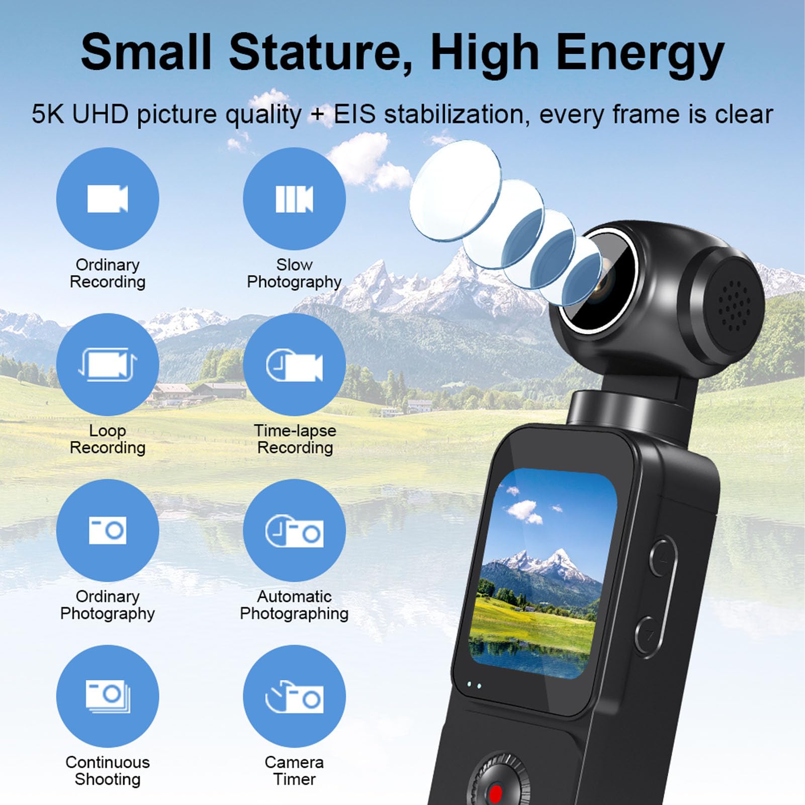 Tosuny Fotocamera Sportiva WiFi 5K, Obiettivo Rotante a 270° con Grandangolo a 150° e Anti-vibrazione EIS, Action Camera con Schermo da 1,69" per Vlog, Ciclismo, Avventure All'aria