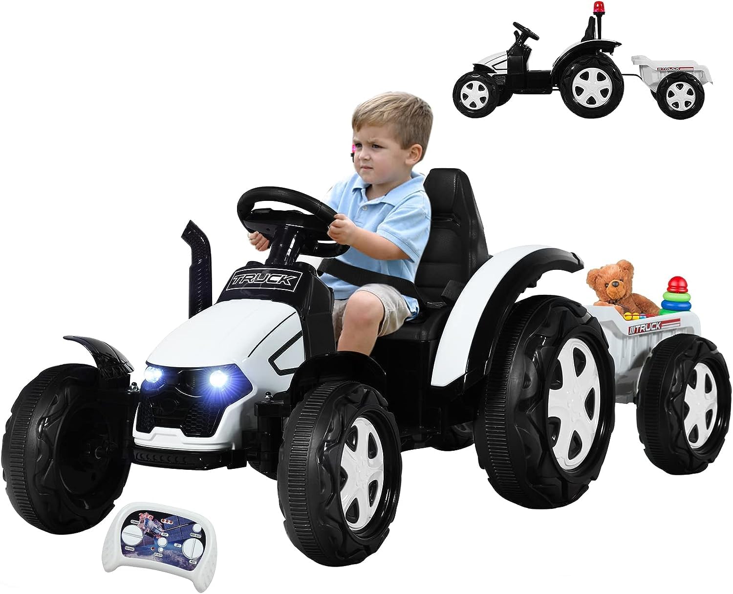 GOPLUS Tracteur Électrique avec Remorque, Voiture Véhicule Électrique pour Enfants 12V 7Ah avec Télécommande 2,4G, Enfants de 3 à 8 Ans avec Lumières, Musique (Blanc)