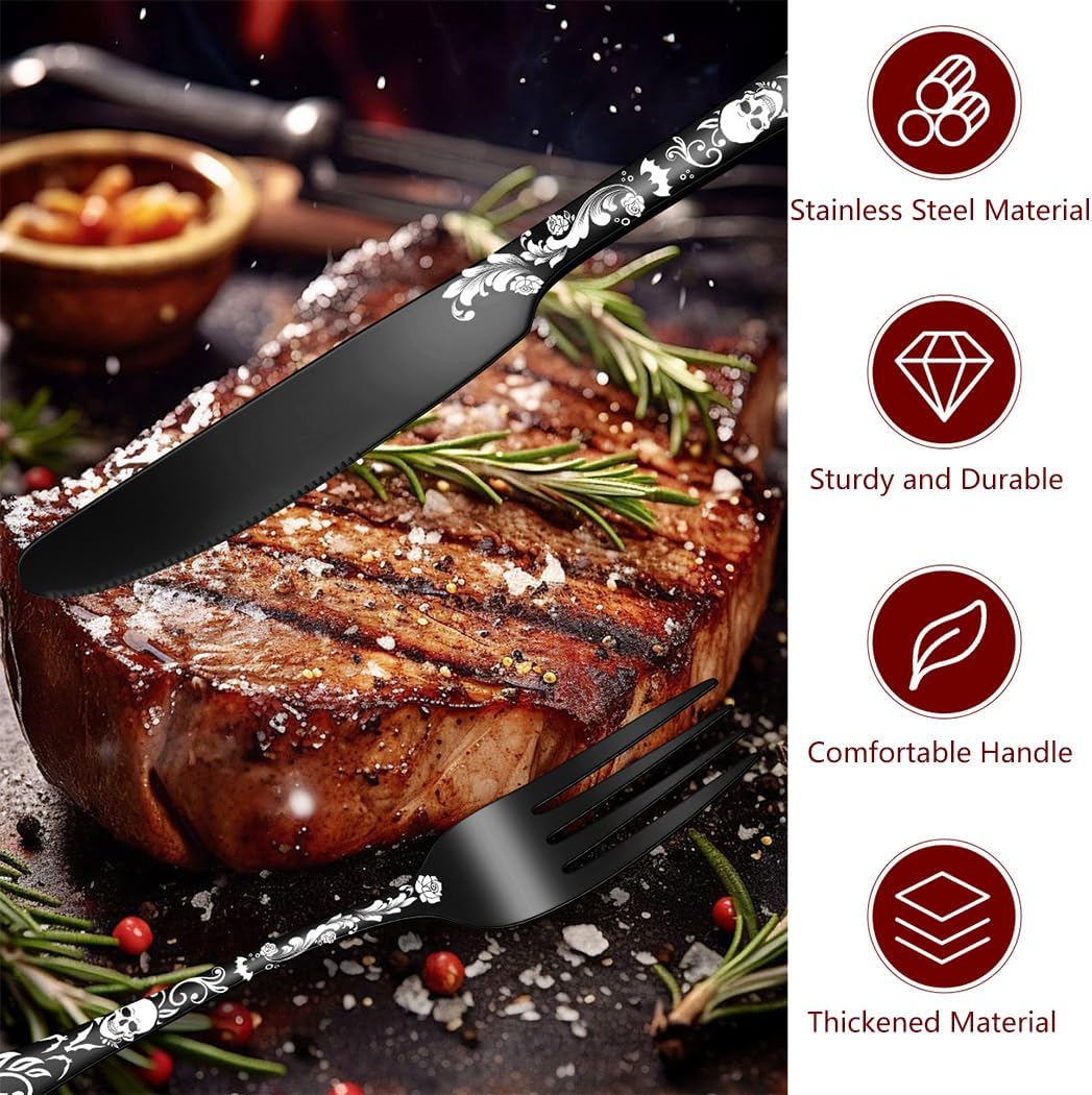 XIAOYU 40 Piece Halloween Skeleton Silverware Set, Tableware Cutlery Set Service for 8, Forks Knives Spoons Sets with Gothic Skull Flower Pattern, Stainless Steel Flatware Set Utensils for Kitchens