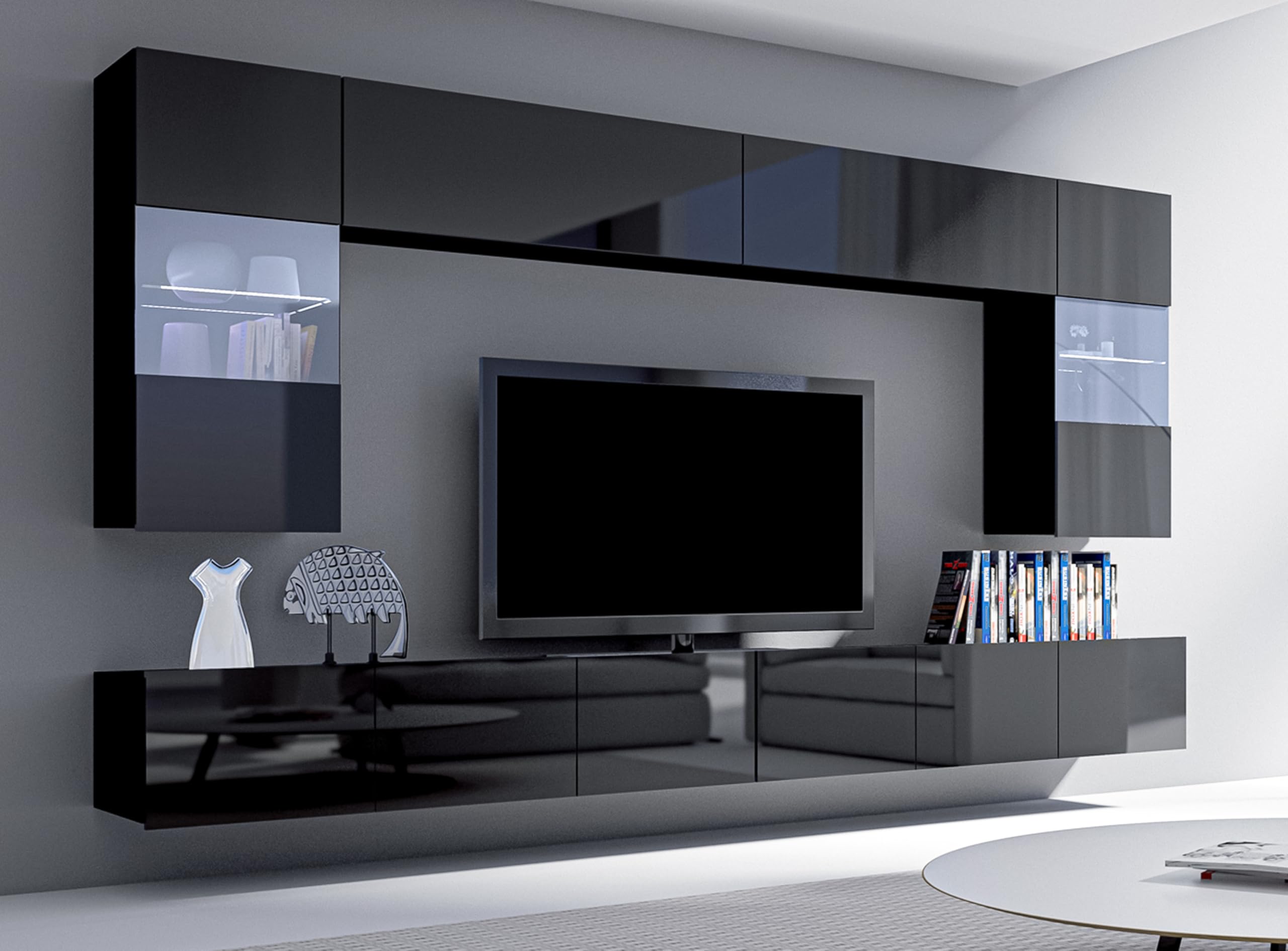 Wohnwand Modern Kossana 1 – 300cm Breite, Stilvoll Schwarz
