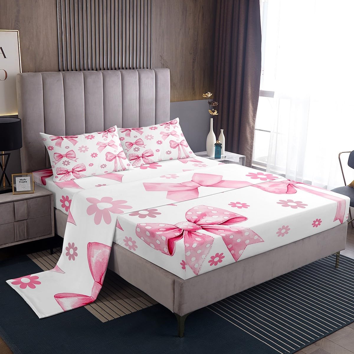 Erosebridal Pink Bow Bed Sheets Set,Watercolor Bowknot Coquette Girls Sheet Set,Cute Butterfly Knot Sheets for Toddler Kids Dreamy Princess Style Bed Sets Full with 2 Pillowcases