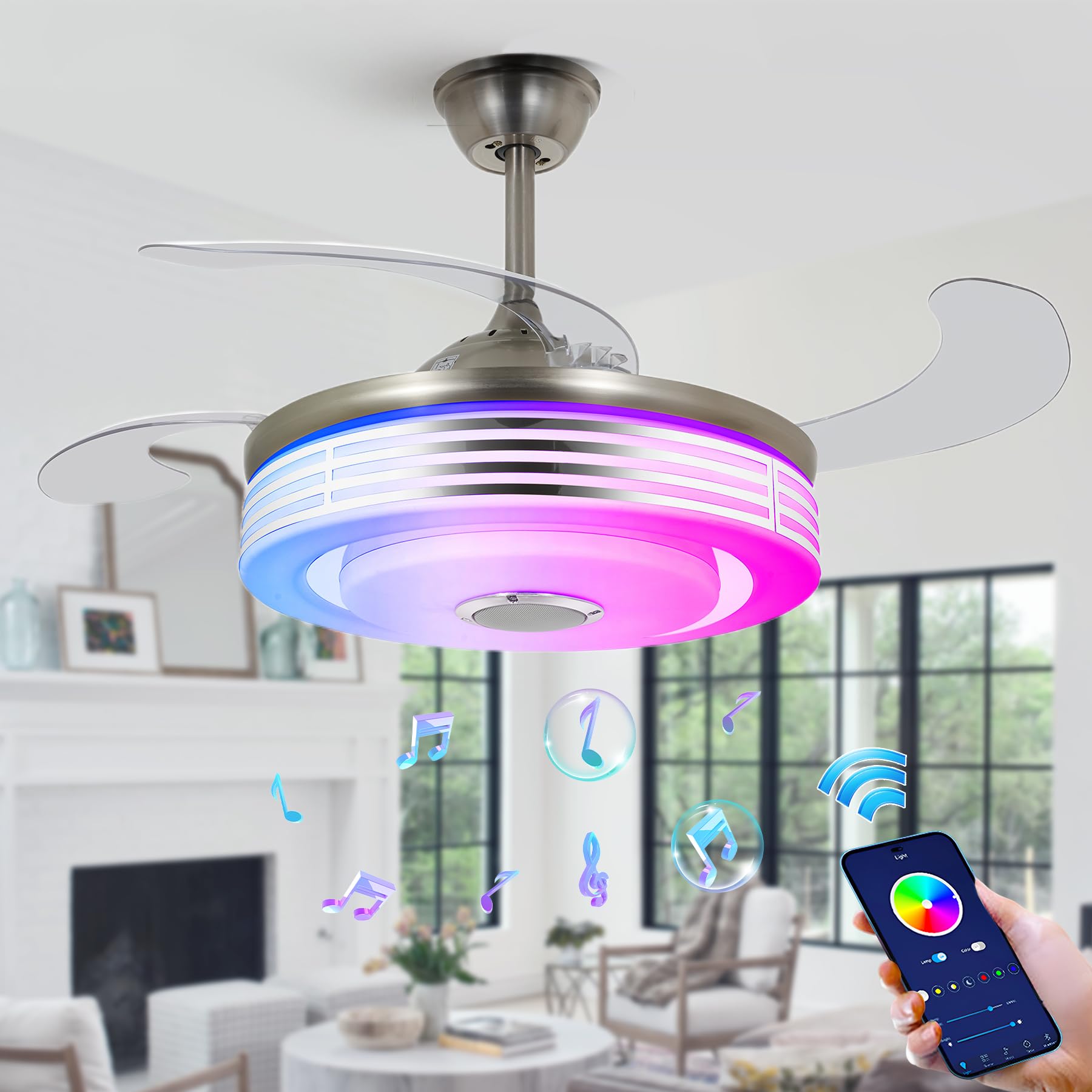 efperfect 42" Modern Retractable Ceiling Fan with Lights Bluetooth, 7 RGB Color Dimmable Chandelier Fan with Music Player Remote Control, Silent