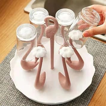 Cup Drying Rack, Bottle Drainer Stand Swan Head Plastic Bag Dryer Rotatable Draining Rack Mug Draining Organizer for Cups Mugs Glass (Pink 6 Heads)