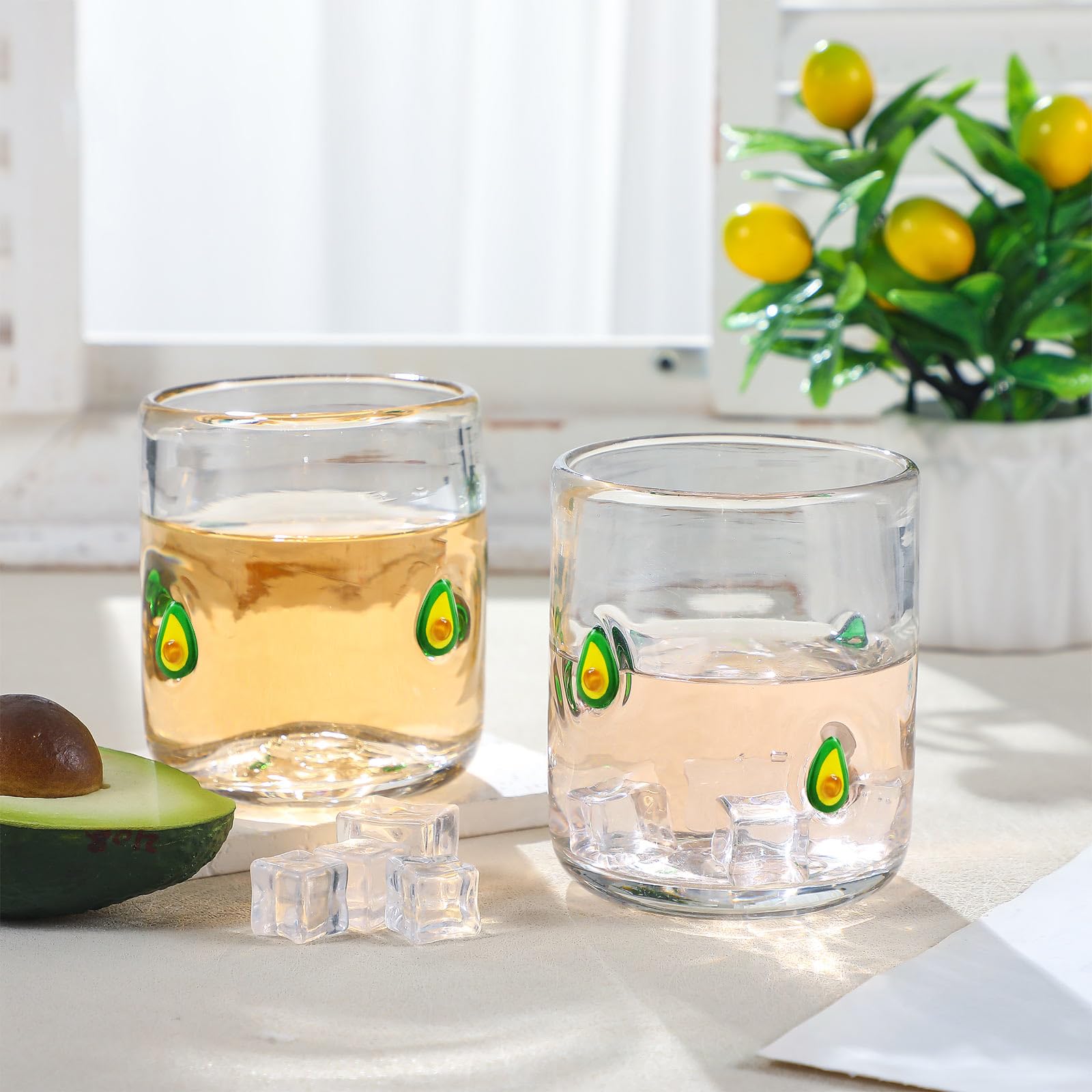 SiliFine 2 Pcs Avocado Icon Juice Glasses - 14oz Avocado Stemless Wine Drinking Coffee Glass Cup for Fruit Party Supplies & Gift