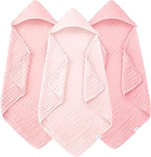 YOYOO Muslin Hooded Baby Bath Towels 3-Pack - 100% Cotton Ultra-Soft 32x32 Inch for Newborns Infants Toddlers Pink