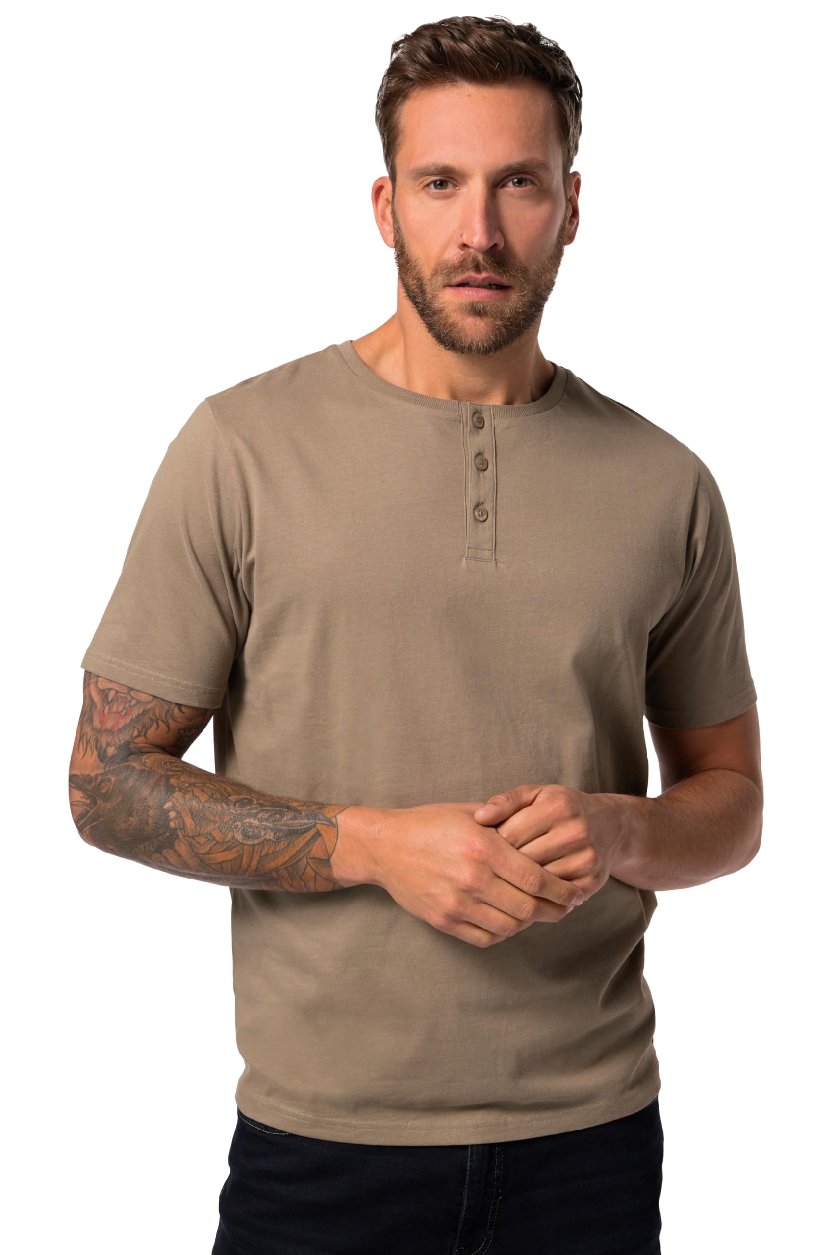 JP 1880 Men's Basic-Henley T-Shirts, Brown/Grey, 5XL
