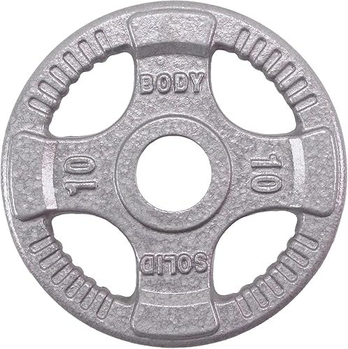 Miniatura 3 de Body-Solid Juego de discos olímpicos de hierro fundido con diseño de agarre cuádruple, pesas libres, placas de mancuernas, agujero estándar de 2