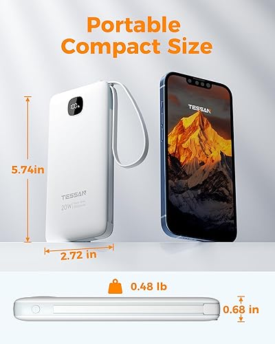 Miniatura 3 de Cargador portátil con cables integrados, cargador de batería TESSAN de 10000 mAh de carga rápida con cargador de pared plegable, batería compacta de