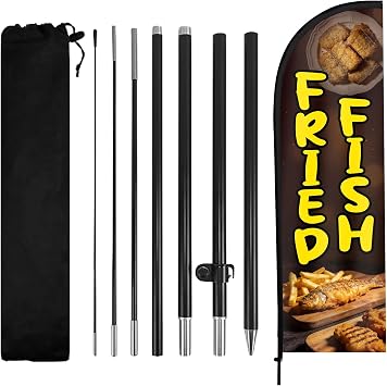 Fried Fish Feather Flag, 8.2ft Fried Fish Flag with Aluminum Pole and Ground Stake for Outside Swooper Flag Advertisng Feather Banner