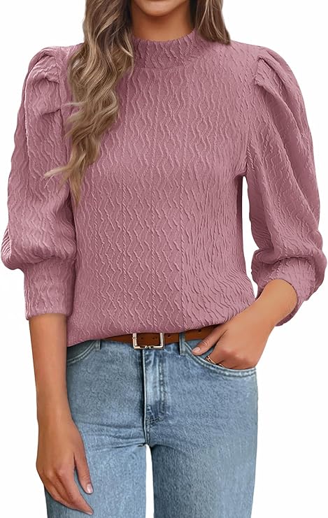 PRETTYGARDEN Womens Puff 3/4 Sleeve Tops 2025 Trendy Spring Summer Mock Neck Texture Knit T Shirts Work Casual Dressy Blouses